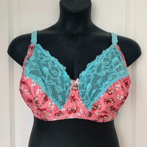 NWOT Bessi 48DDD Full Coverage Satin Pink Butterfly Print & Blue Lace Bra